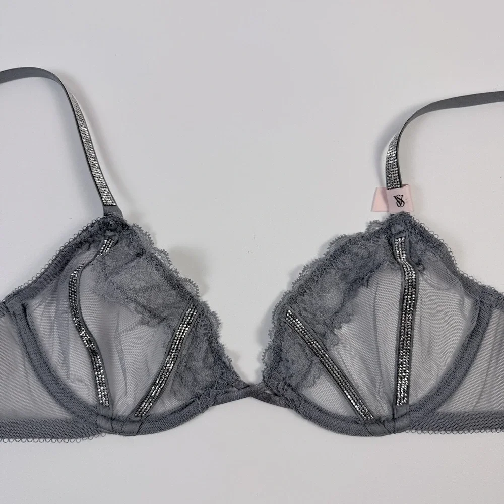 Victoria's Secret Very Sexy Shine Strap Low Cut Demi Lace Bra 34C Gray NWT